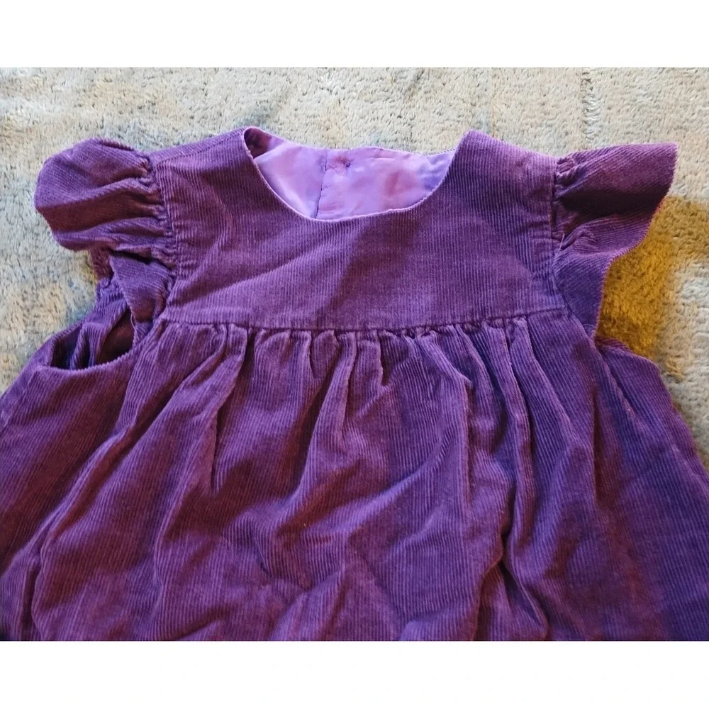 VTG Purple Corduroy Ruffle Sleeve Pinafore Jumper‎ Dress Pockets Kids 3T READ